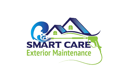 The logo of smart care pressure washing, a picture of a house with a pressure washer hose around it
