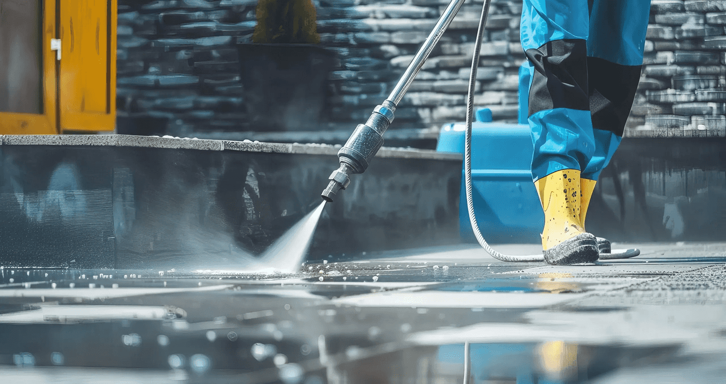 Power Washer in power washing protective equipment cleaning a patio